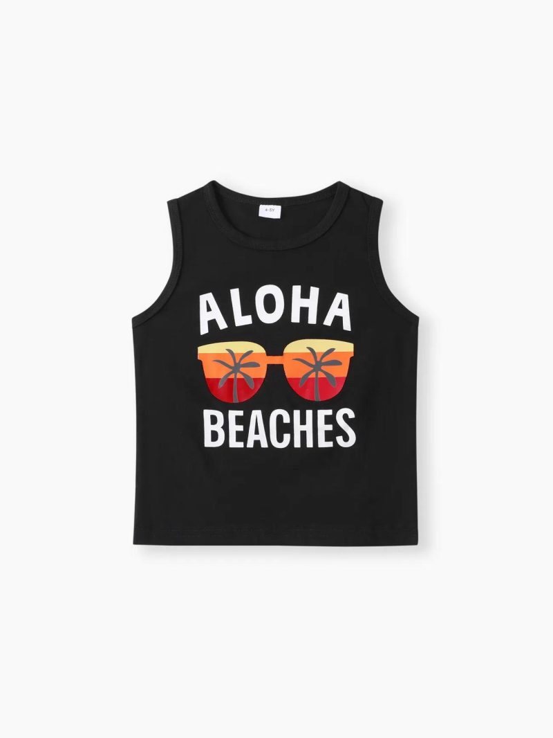 Sets | Toddler Boys 2pcs Vacation Floral Letter Print Tank Top and Shorts Set Black