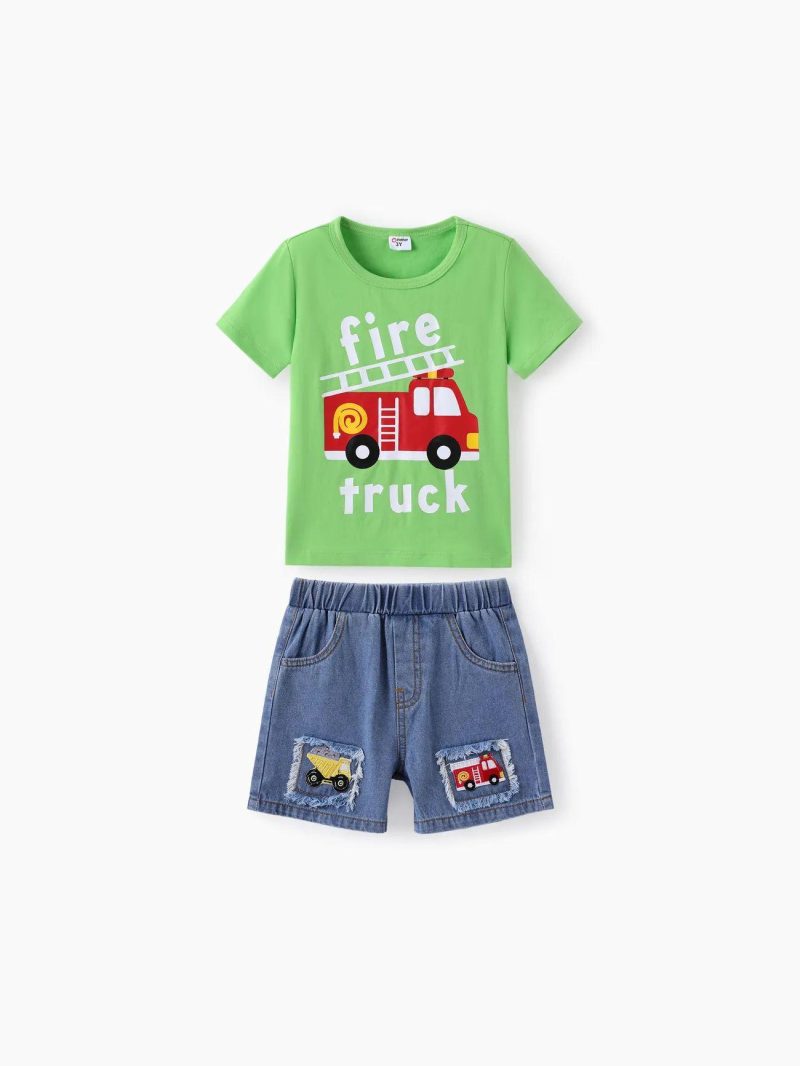 Sets | Toddler Boys 2pcs Vehicle Print Tee and Denim Shorts Set Light Green