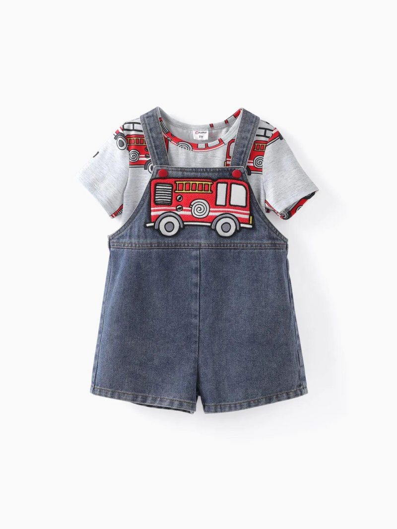 Sets | Toddler Boys 2pcs Vehicle Print Tee and Vehicle Embroiderey Denim Overalls Set Flecked Grey