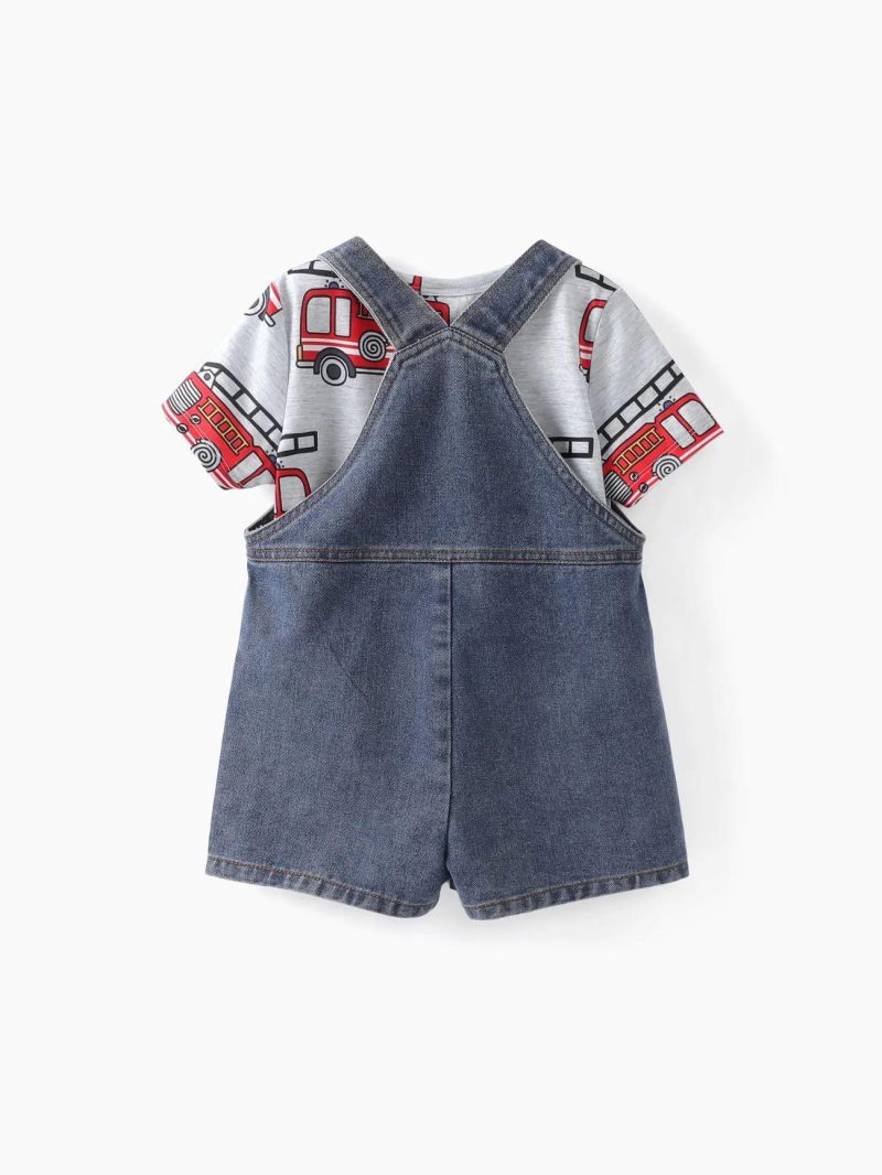 Sets | Toddler Boys 2pcs Vehicle Print Tee and Vehicle Embroiderey Denim Overalls Set Flecked Grey