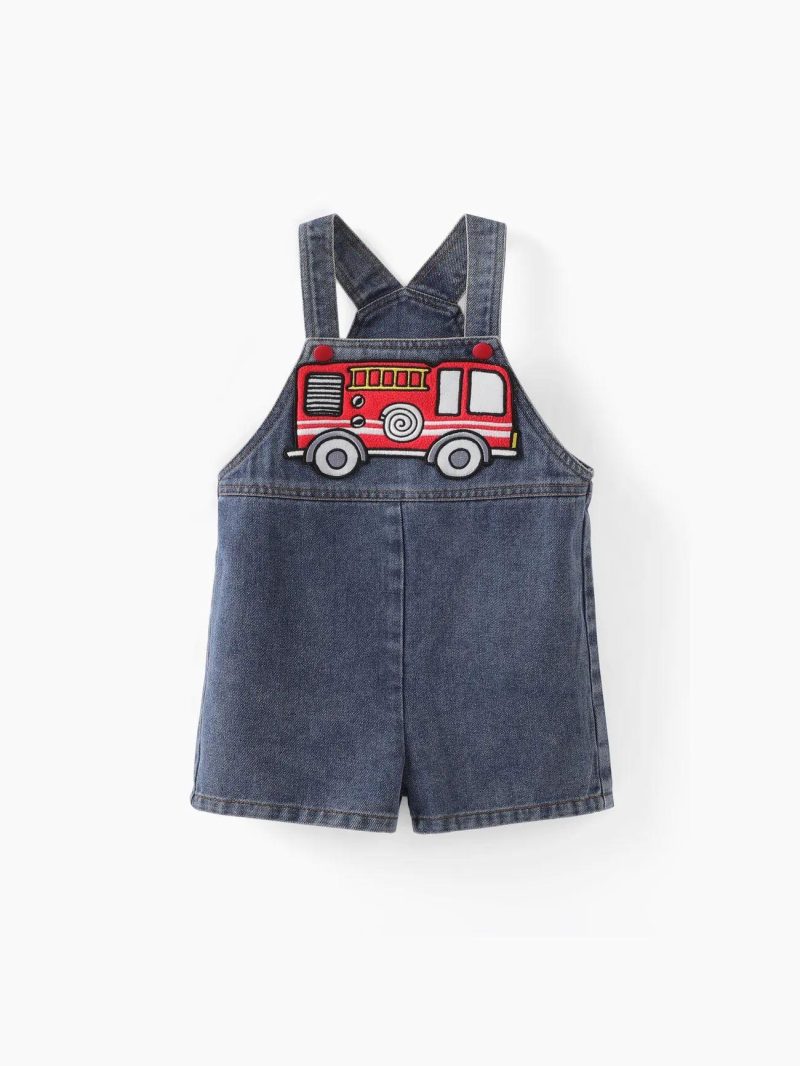 Sets | Toddler Boys 2pcs Vehicle Print Tee and Vehicle Embroiderey Denim Overalls Set Flecked Grey