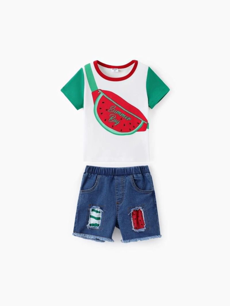 Sets | Toddler Boys 2pcs Watermelon Print Tee and Cooling Denim Ripped Shorts Set White