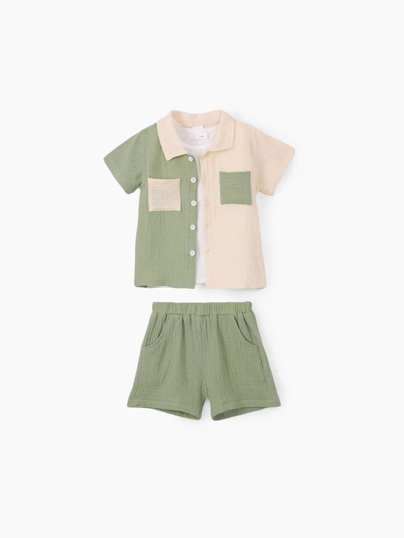 Sets | Toddler Boys 3pcs Textured Lapel Shirt and Solid Tee and Shorts Set Color Block