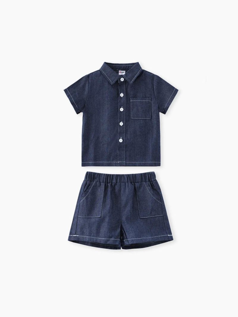 Sets | Toddler Boys Casual Lapel Cotton 2pcs Set Denimblue