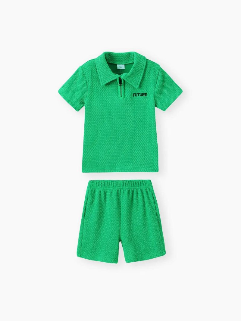 Sets | Toddler Boys Solid Color Casual 2pcs Set with Shirt Collar – Polyester Spandex Blend Green