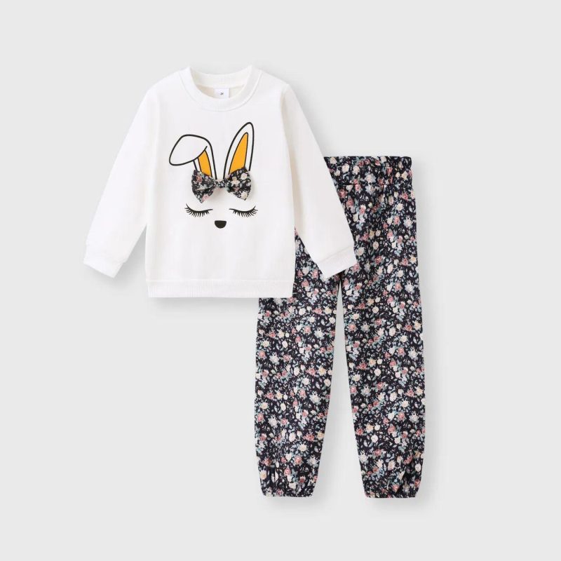 Sets | Toddler Girls 2-piece Bowknot Design Rabbit Print Pullover Sweatshirt and Floral Print Paperbag Pants Set White|Red