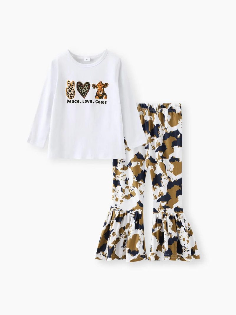 Sets | Toddler Girls 2-piece Leopard Animal Print Long-sleeve Tee and Flared Pants Set White|Ginger