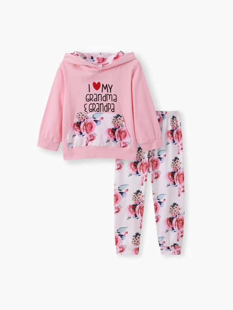 Sets | Toddler Girls 2-piece Letter Floral Print Hoodie and Pants Set Pink|Burgundy