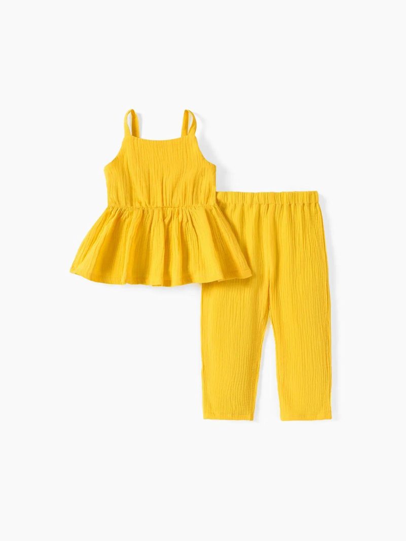 Sets | Toddler Girls 2pcs 100% Cotton Solid Color Peplum Tank Top and Pants Set Yellow|Light Blue|Hot Pink