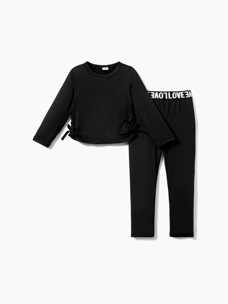 Sets | Toddler Girls 2pcs Bowknot Design Solid Color Long-sleeve Tee and Letter Print Leggings Set Black