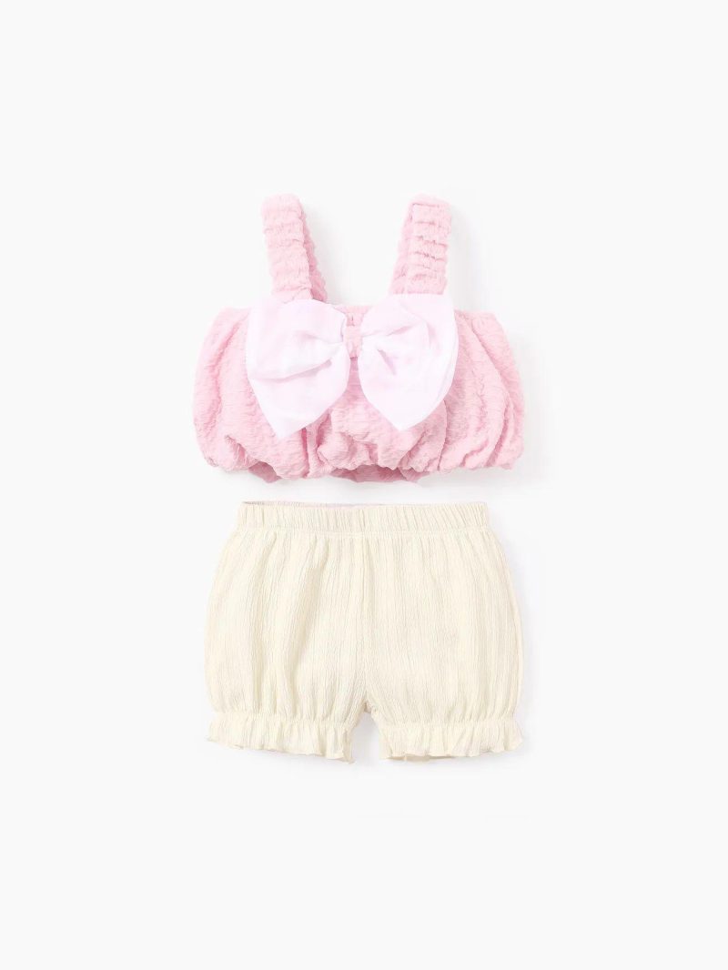 Sets | Toddler Girls 2pcs Bowknot Design Textural Fabric Camisole and Shorts Set Pink