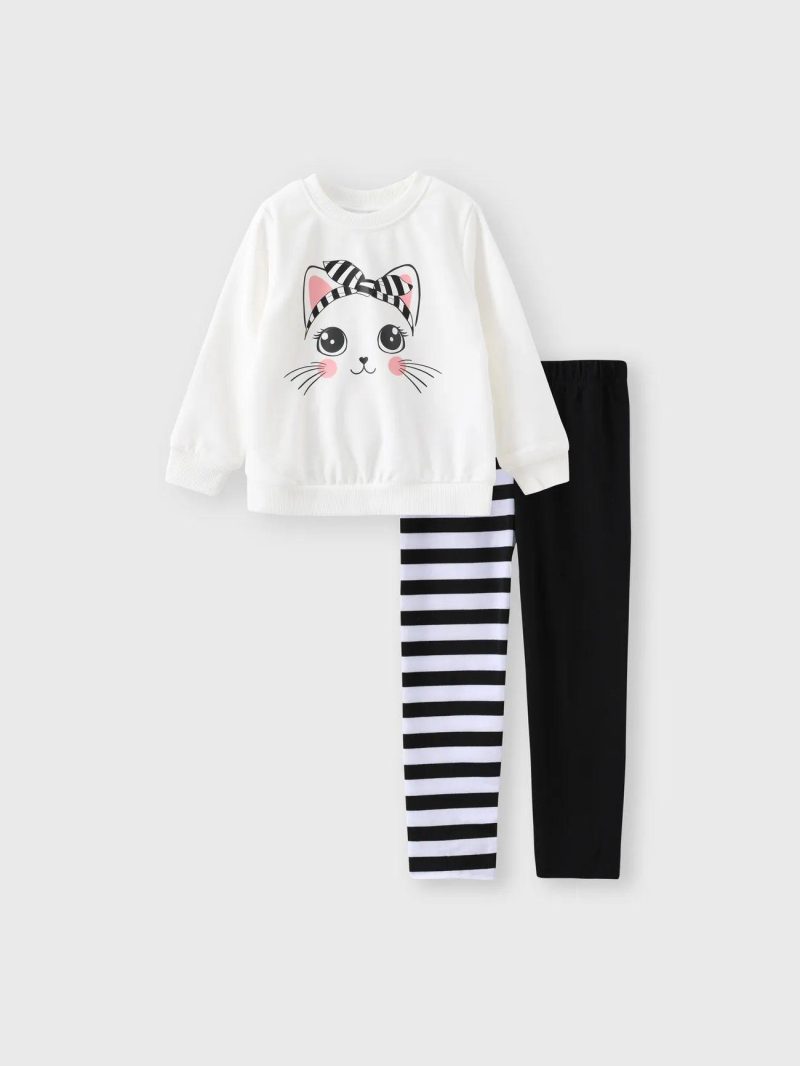 Sets | Toddler Girls 2pcs Cat Pattern Fabric Stitching Design Set Blackandwhite