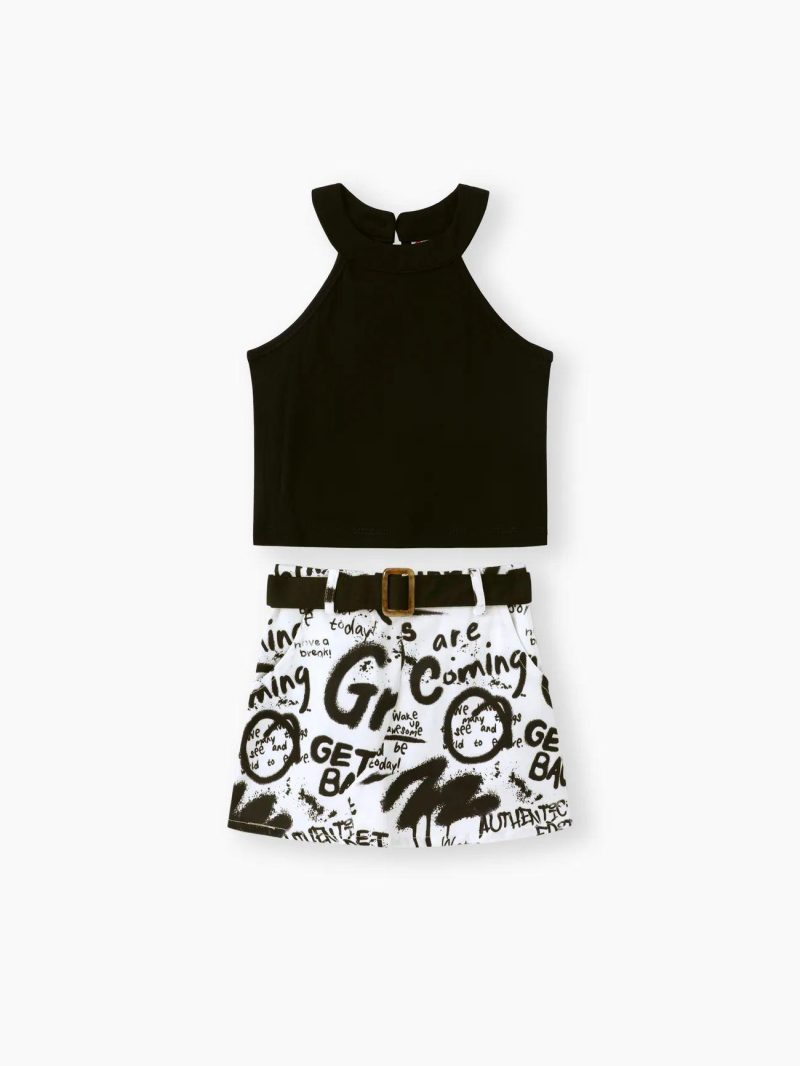 Sets | Toddler Girls 2Pcs Halter Tank Top and Letter Print Belted Skirt Set Black