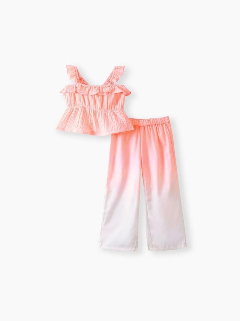 Sets | Toddler Girls 2pcs Ruffled Crepe Camisole and Belted Gradient Color Pants Set Pink