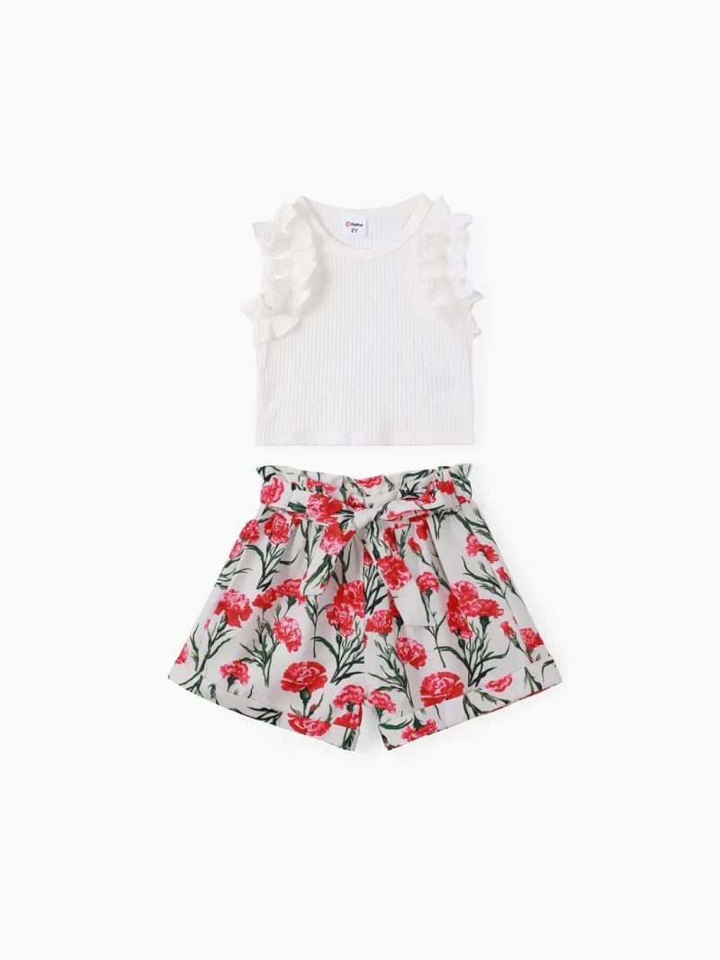 Sets | Toddler Girls 2pcs Ruffled Top and Floral Print Skirts Set White