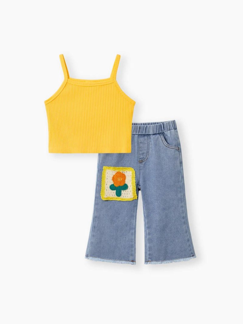 Sets | Toddler Girls 2pcs Solid Camisole and Floral Embroidery Denim Jeans Set Yellow