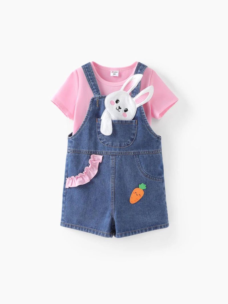 Sets | Toddler Girls 2pcs Solid Tee and Rabbit Embroidery Denim Overalls Set Pink