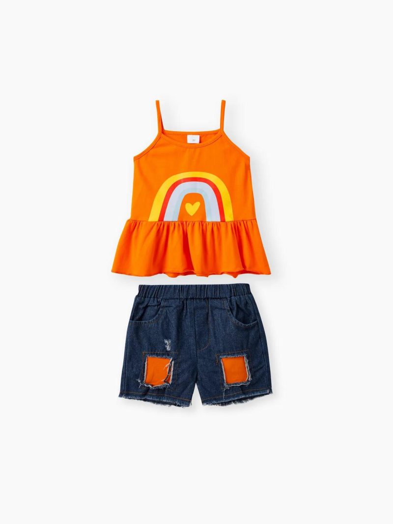 Sets | Toddler Girls 2pcs Trendy Cotton Ruffled Camisole and Ripped Panel Denim Shorts Set Orange