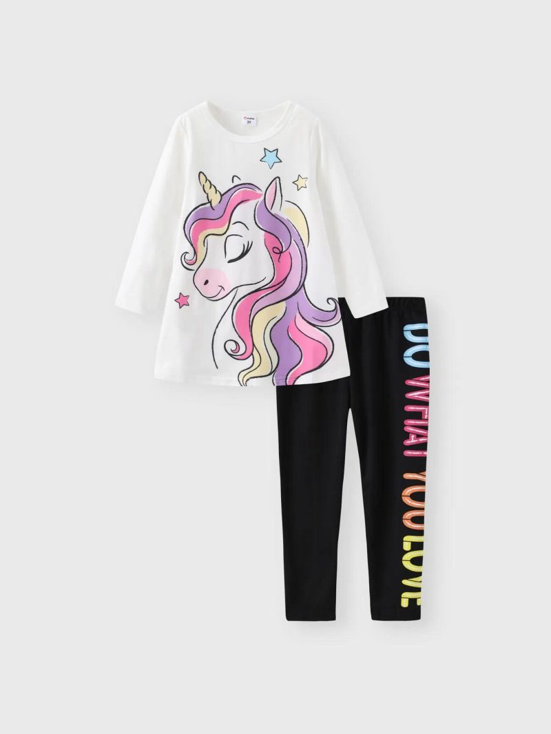 Sets | Toddler Girls 2pcs Unicorn Print Long-sleeve White Tee and Letter Print Black Leggings Set White