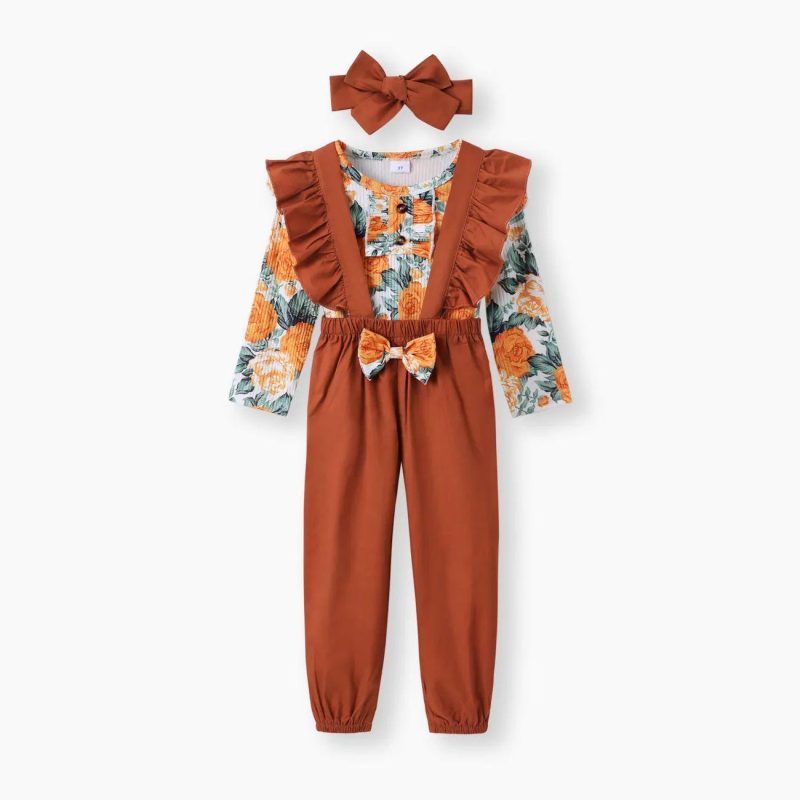 Sets | Toddler Girls 3-piece Floral Print Ruffled Long-sleeve Top, Bowknot Design Overalls and Headband Set Multi-Color