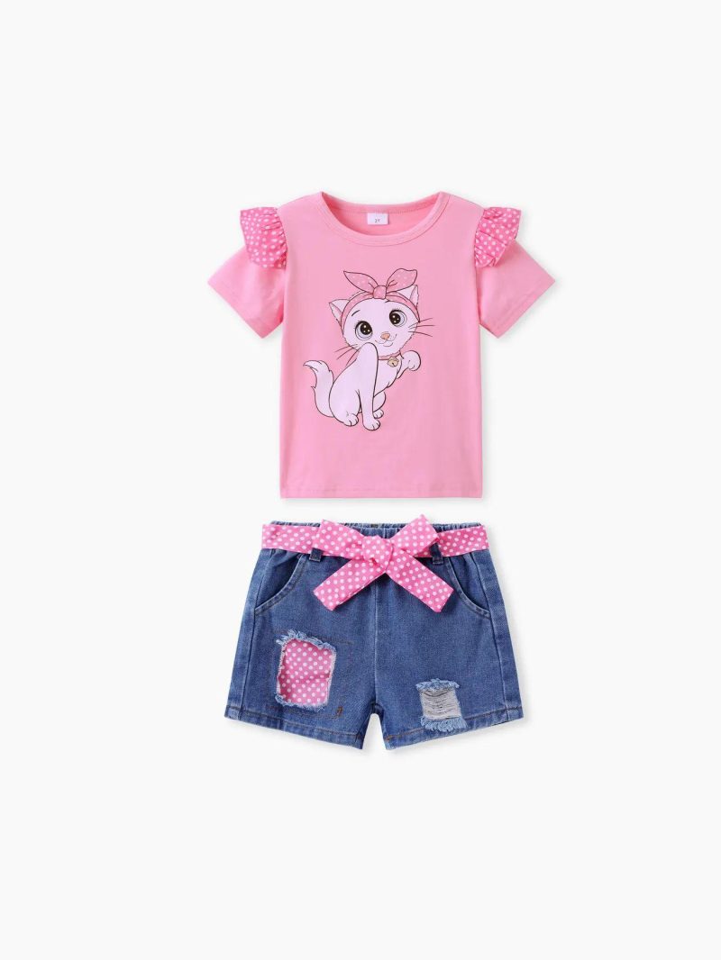 Sets | Toddler Girls Childlike Animal Pattern Flutter Sleeve Toddler Girls’ 2pcs Set Pink