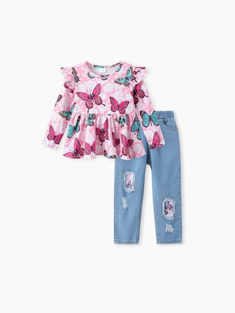 Sets | Toddler Girls Childlike Butterfly Animal Print Flutter Sleeve Top and Jeans Set Pink