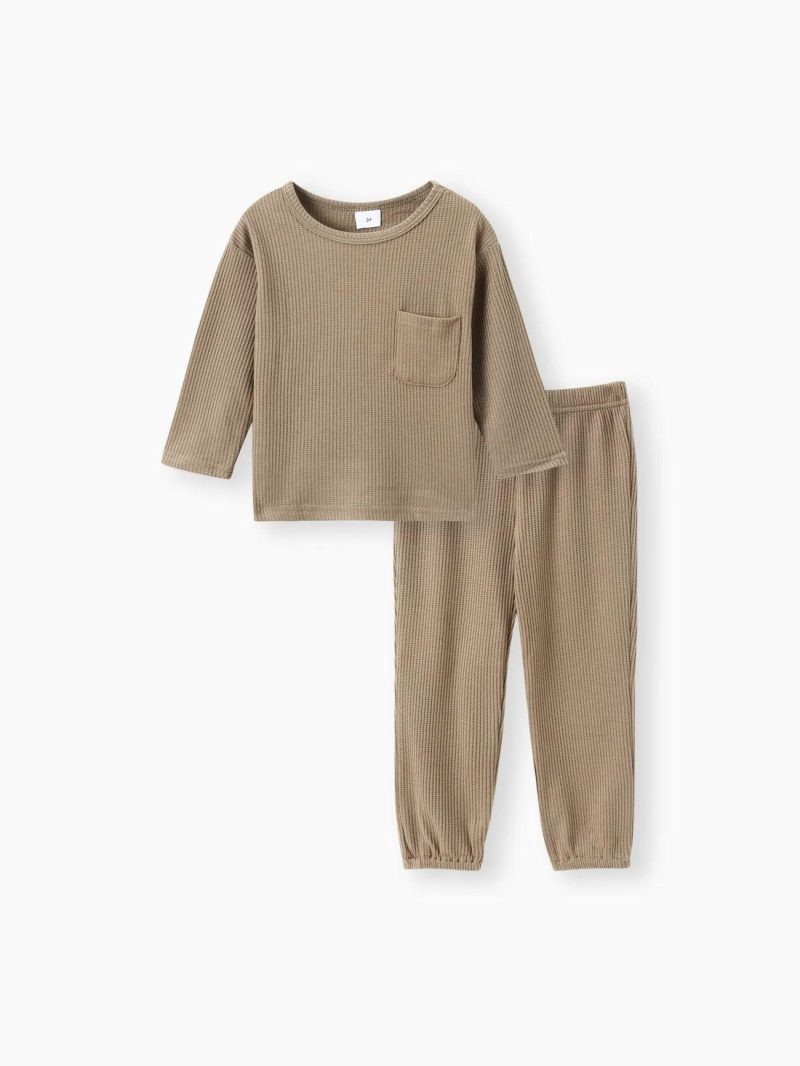 Sets | Toddler Girls|Toddler Boys 2-piece Round-collar Long-sleeve Ribbed Solid Top with Pocket and Elasticized Pants Casual Set Khaki|Dark Blue