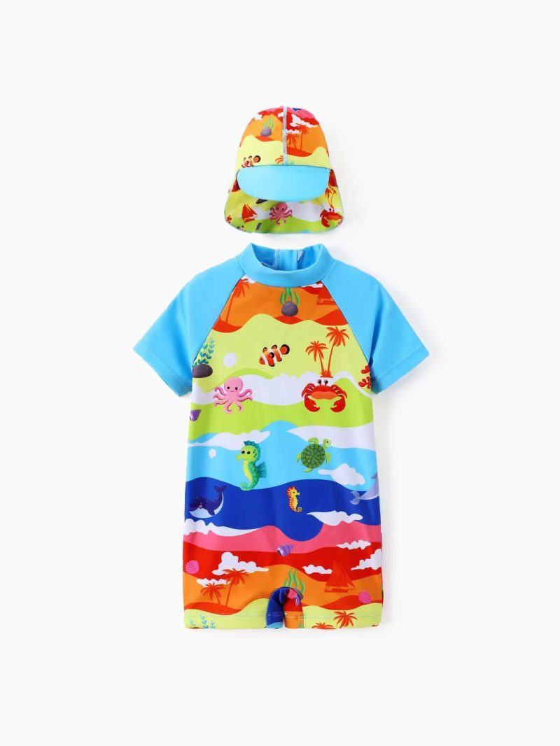 Swimwear | Baby Boys 2pcs Childlike Marine Print Swimsuit with Cap Colorful