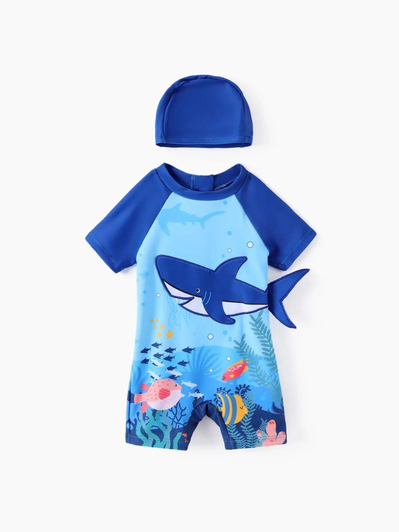 Swimwear | Baby Boys 2pcs Marine Shark Print Swimsuit with Swimming Cap  Sky Blue|Orange-