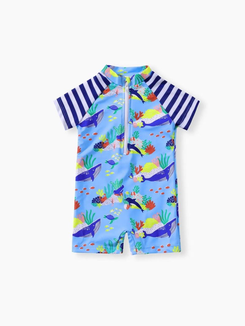 Swimwear | Baby Boys Allover Ocean Animal Print Striped Raglan-sleeve One-piece Swimsuit Blue