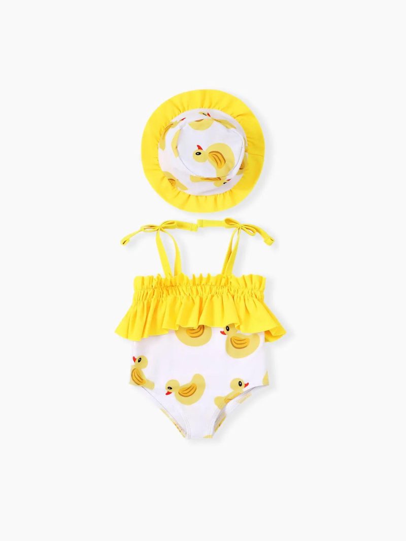 Swimwear | Baby Girls 2pcs Childlike Animal Ruffle Swimsuit with Hat Yellow