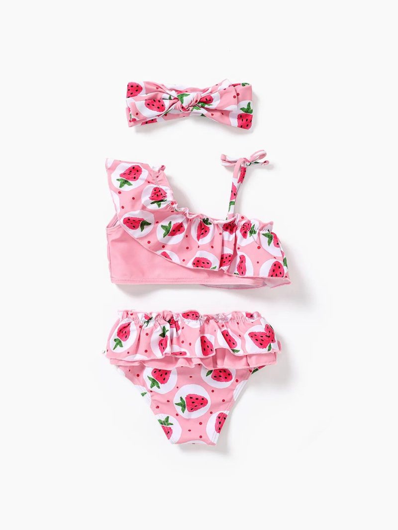 Swimwear | Baby Girls 3pcs Watermelon Print Ruffle Trim Swimwear Set Light Pink|Red