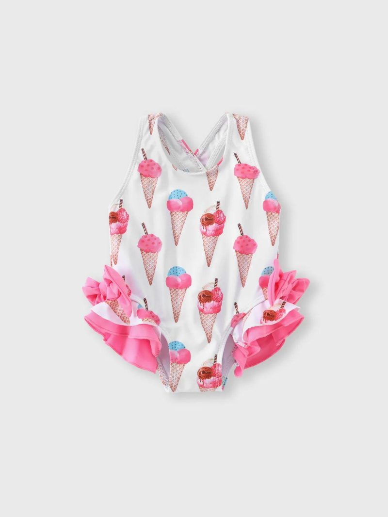 Swimwear | Baby Girls Allover Ice Cream Cone Print Ruffle Trim One-piece Swimsuit Pink