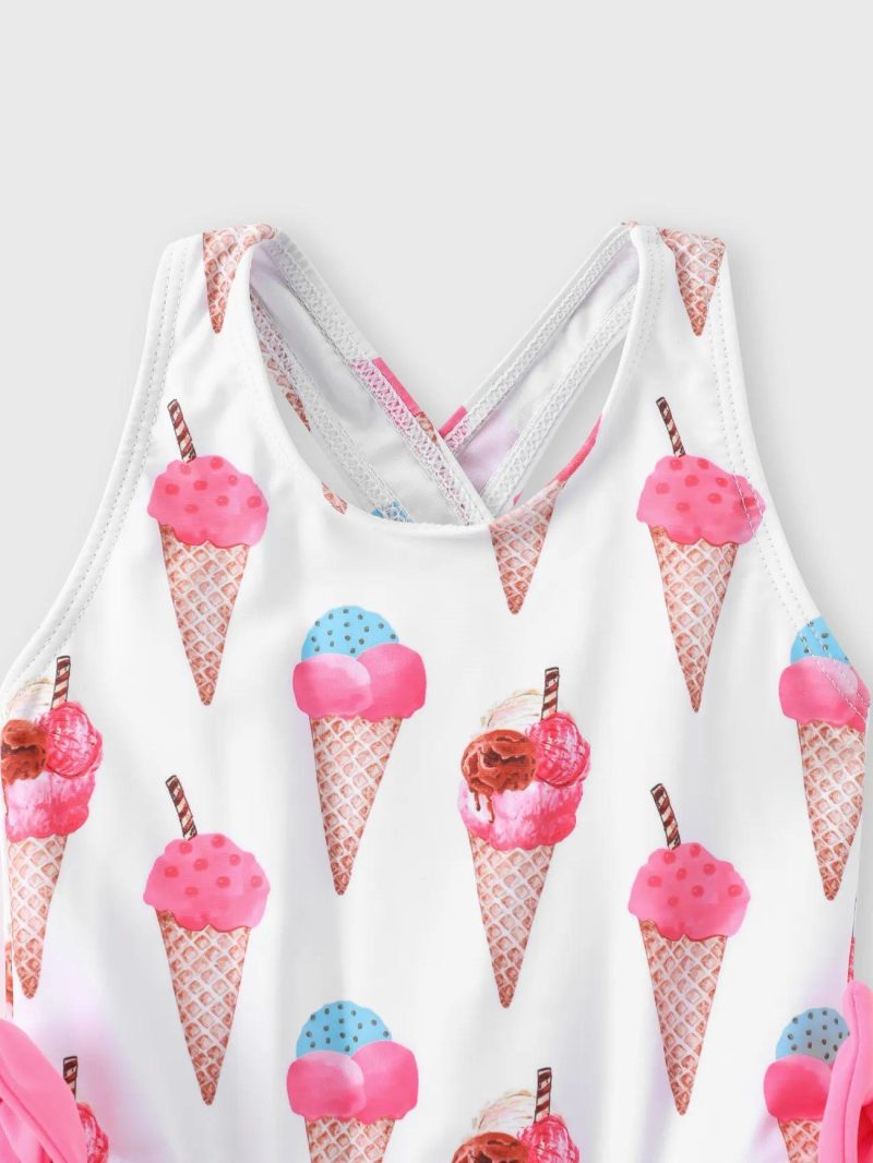 Swimwear | Baby Girls Allover Ice Cream Cone Print Ruffle Trim One-piece Swimsuit Pink