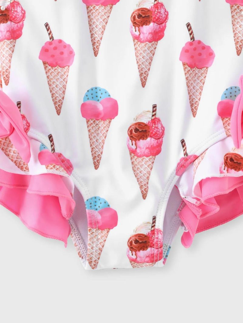 Swimwear | Baby Girls Allover Ice Cream Cone Print Ruffle Trim One-piece Swimsuit Pink