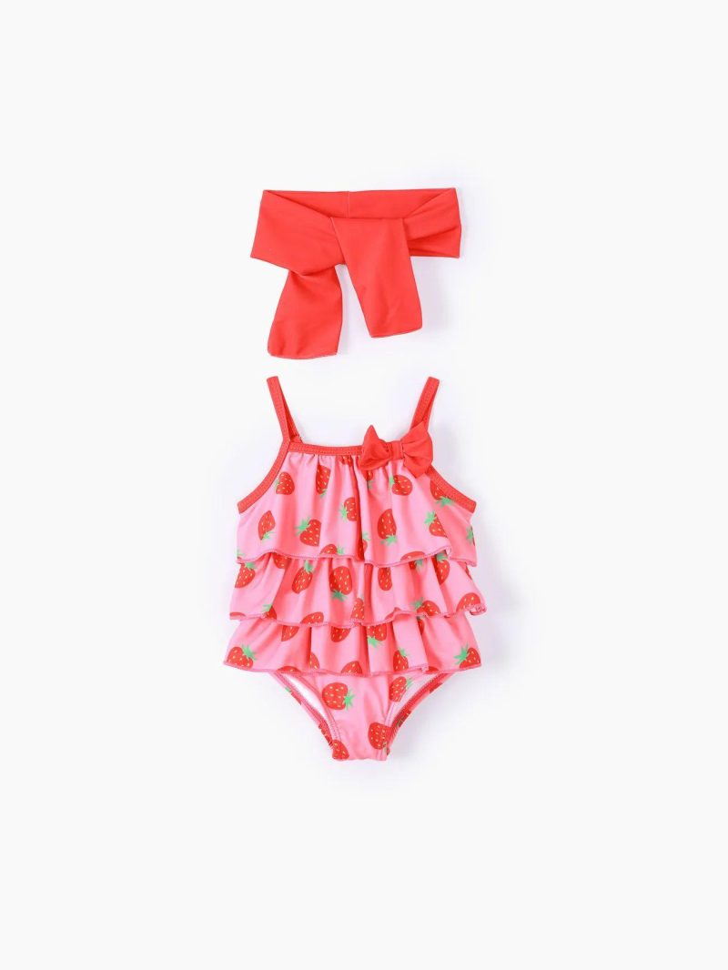 Swimwear | Baby Girls Childlike Strawberry Print Ruffled Swimsuit with Headband Pink