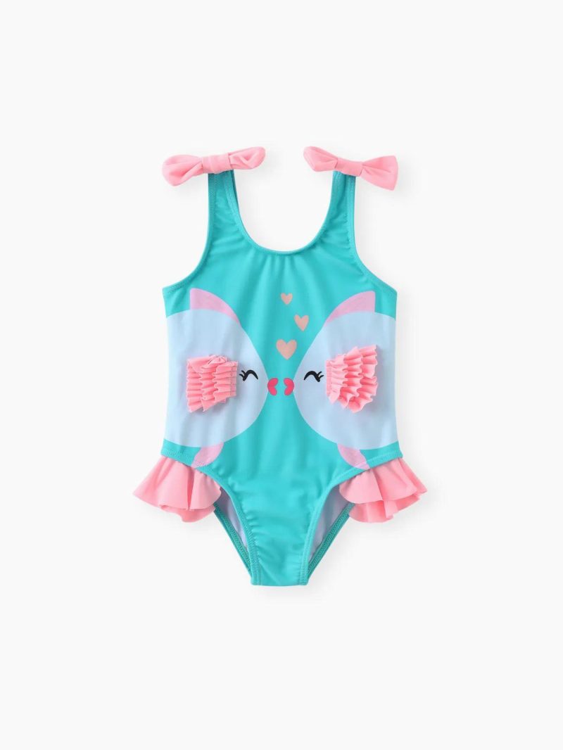 Swimwear | Baby Girls Fish Print Bow Decor Ruffle Trim One-piece Swimsuit Multi-Color