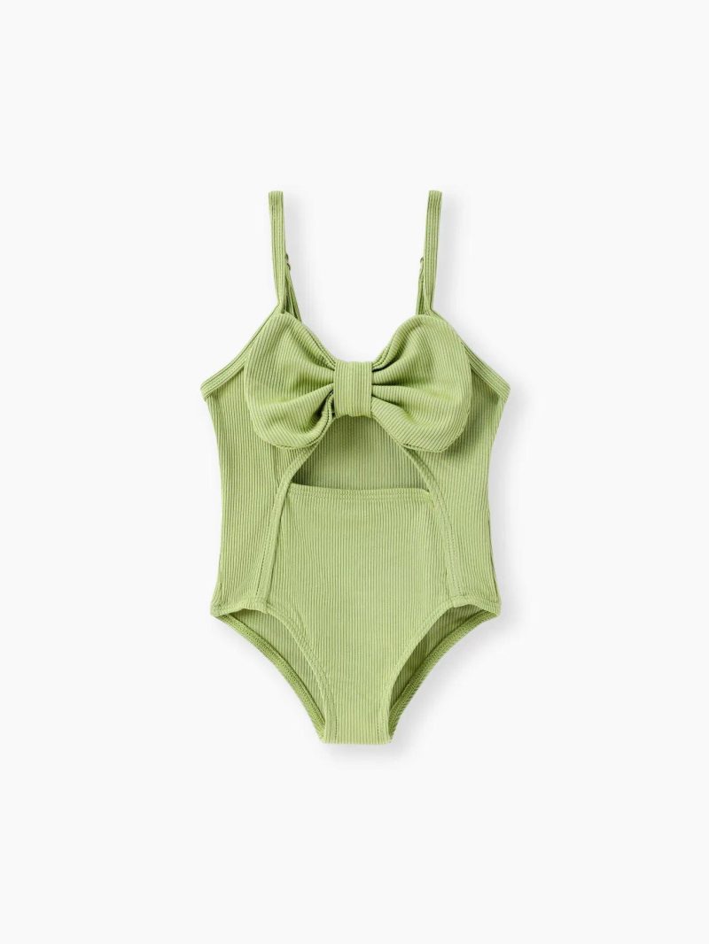 Swimwear | Baby Girls Solid Bow Front Rib-knit One Piece Swimsuit Green|Yellow|Red