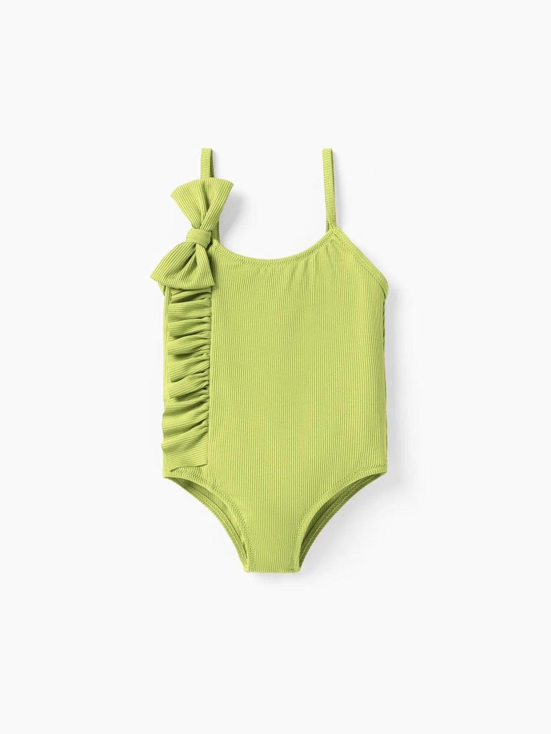 Swimwear | Baby Girls Solid Ruffle Trim Bow Decor One Piece Cami Swimsuit Green|Yellow|Red|Blue