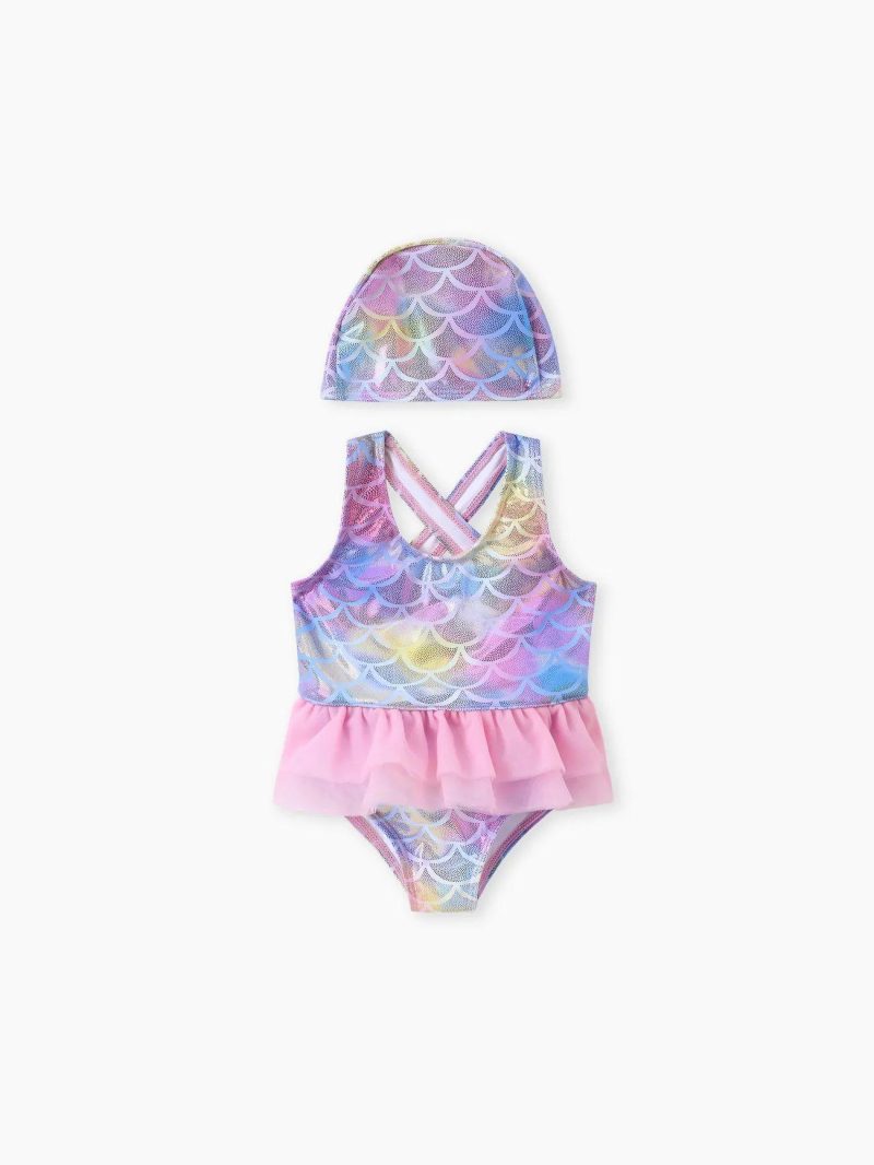 Swimwear | Baby Girls Sweet Animal Pattern Mermaid Girl Swimsuit Set – Polyester Spandex Fabric Stitching Pink