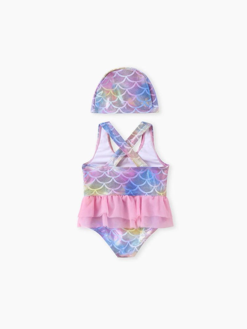 Swimwear | Baby Girls Sweet Animal Pattern Mermaid Girl Swimsuit Set – Polyester Spandex Fabric Stitching Pink