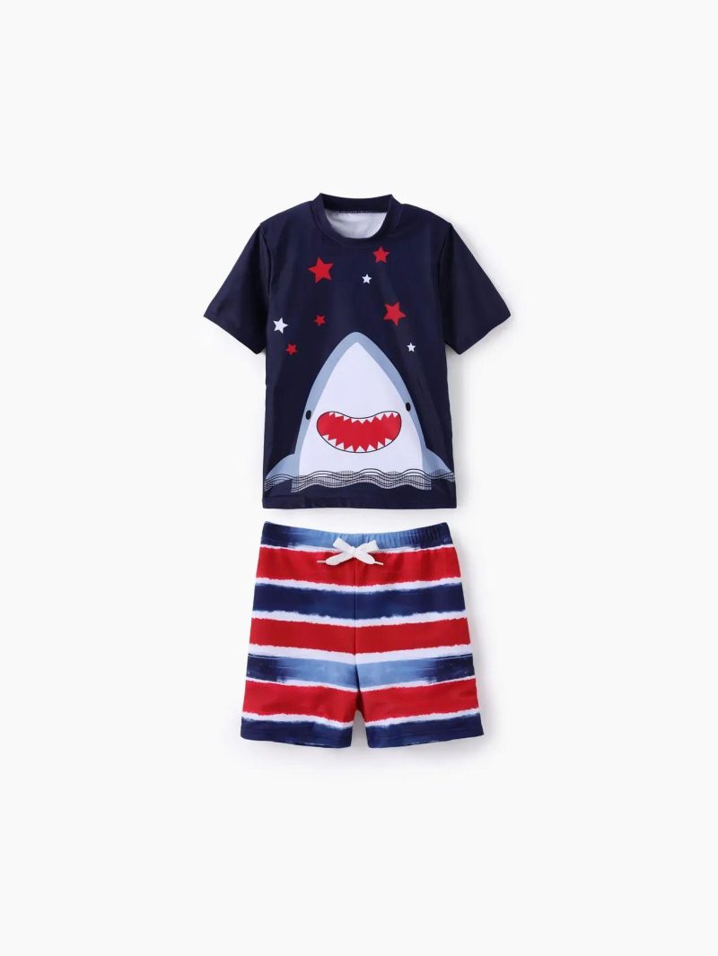 Swimwear | Boys 2pcs Shark Print Swimsuits Set Red-2