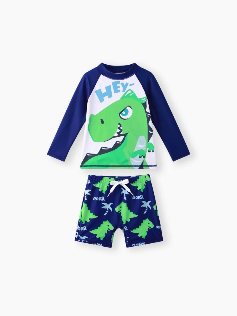 Swimwear | Boys|Toddler Boys Childlike 2pcs Dinosaur Swimwear for Boys in Polyester Spandex Fabric Stitching Green