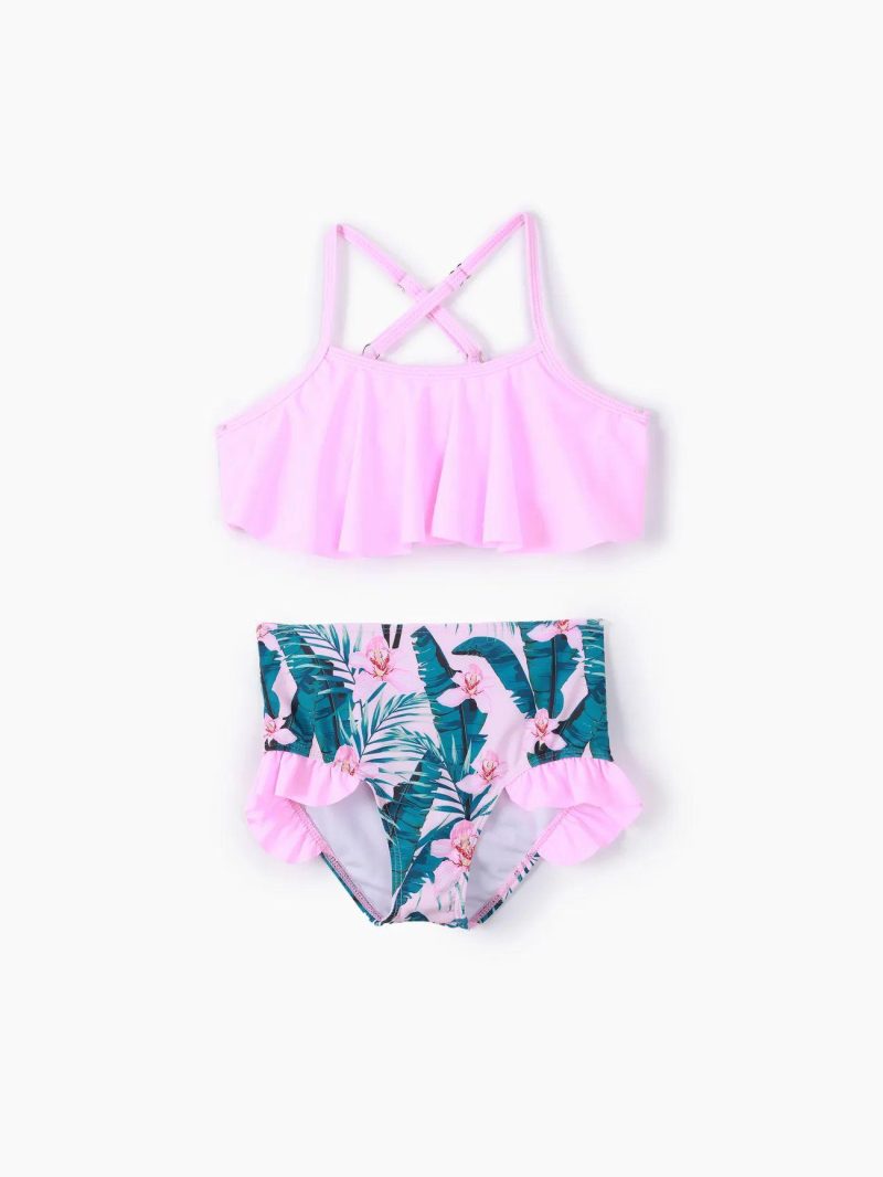 Swimwear | Girls 3pcs Floral Print Cardigan and Ruffled Top and Shorts Swimsuits Set Hot Pink