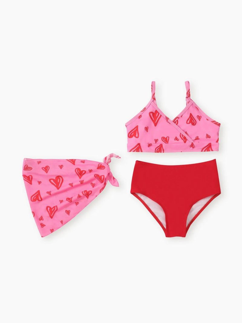 Swimwear | Girls 3pcs Heart-shaped Print Swimsuits Set Red