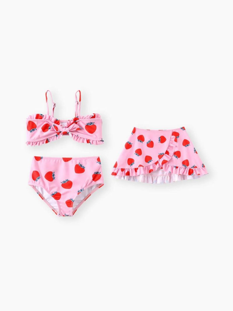 Swimwear | Girls 3pcs Strawberry Print Knot Front Swimsuit Set Pink