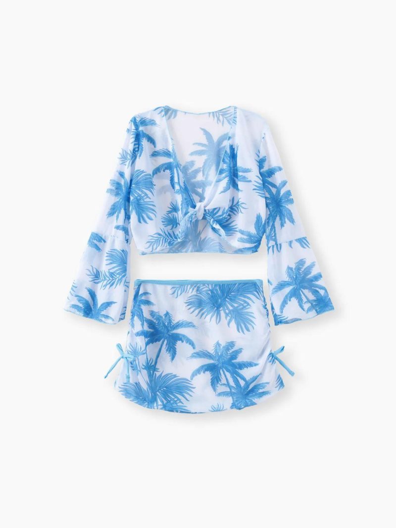 Swimwear | Girls Bohemia Hanging Strap Swimsuit Set, 4pcs, Tropical Plants & Flowers Pattern Light Blue