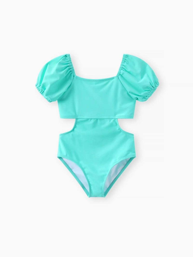 Swimwear | Girls Sweet Puff Sleeve Girls’ Swimwear Set in Solid Color Chinlon and Spandex Material Blue