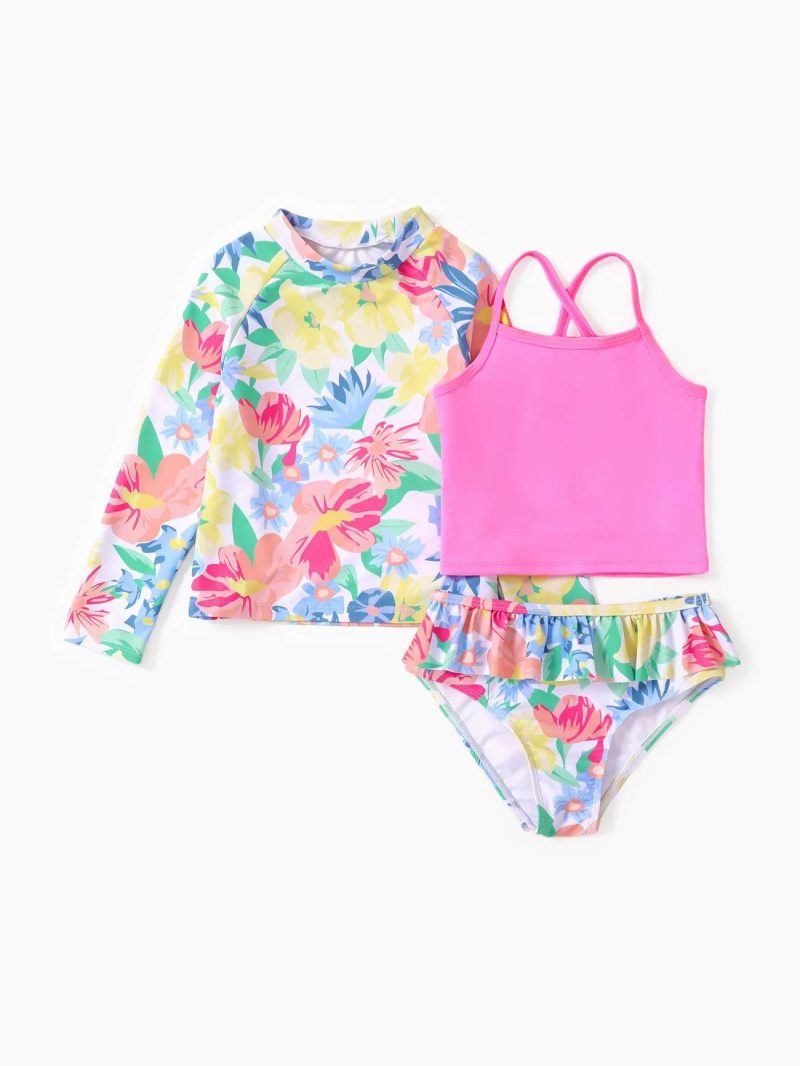 Swimwear | Girls Sweet Tropical Ruffle 3pcs Swimsuit for Girls – Polyester & Spandex Pink