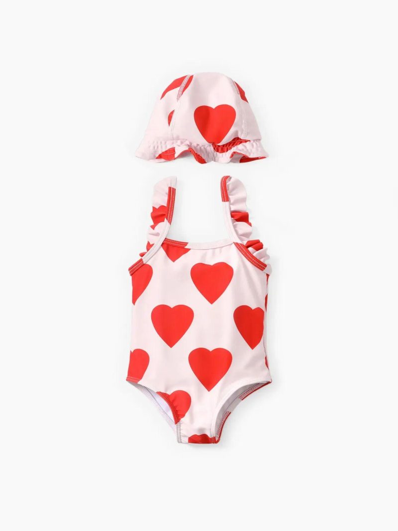 Swimwear | Girls|Baby Girls|Toddler Girls Sweet Heart-shaped Ruffle Edge Girls’ 2pcs Polyester Spandex Tight Swimwear Red